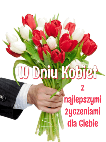 Mężczyzna z bukietem białych i czerwonych tulipanów z życzeniami na dzień kobiet